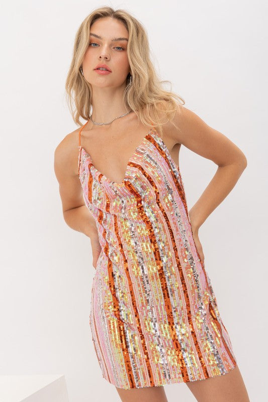 Cowl Neck Sequins Mini Dress