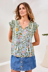 Ruffle Sleeve Mixed Print Top
