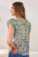 Ruffle Sleeve Mixed Print Top