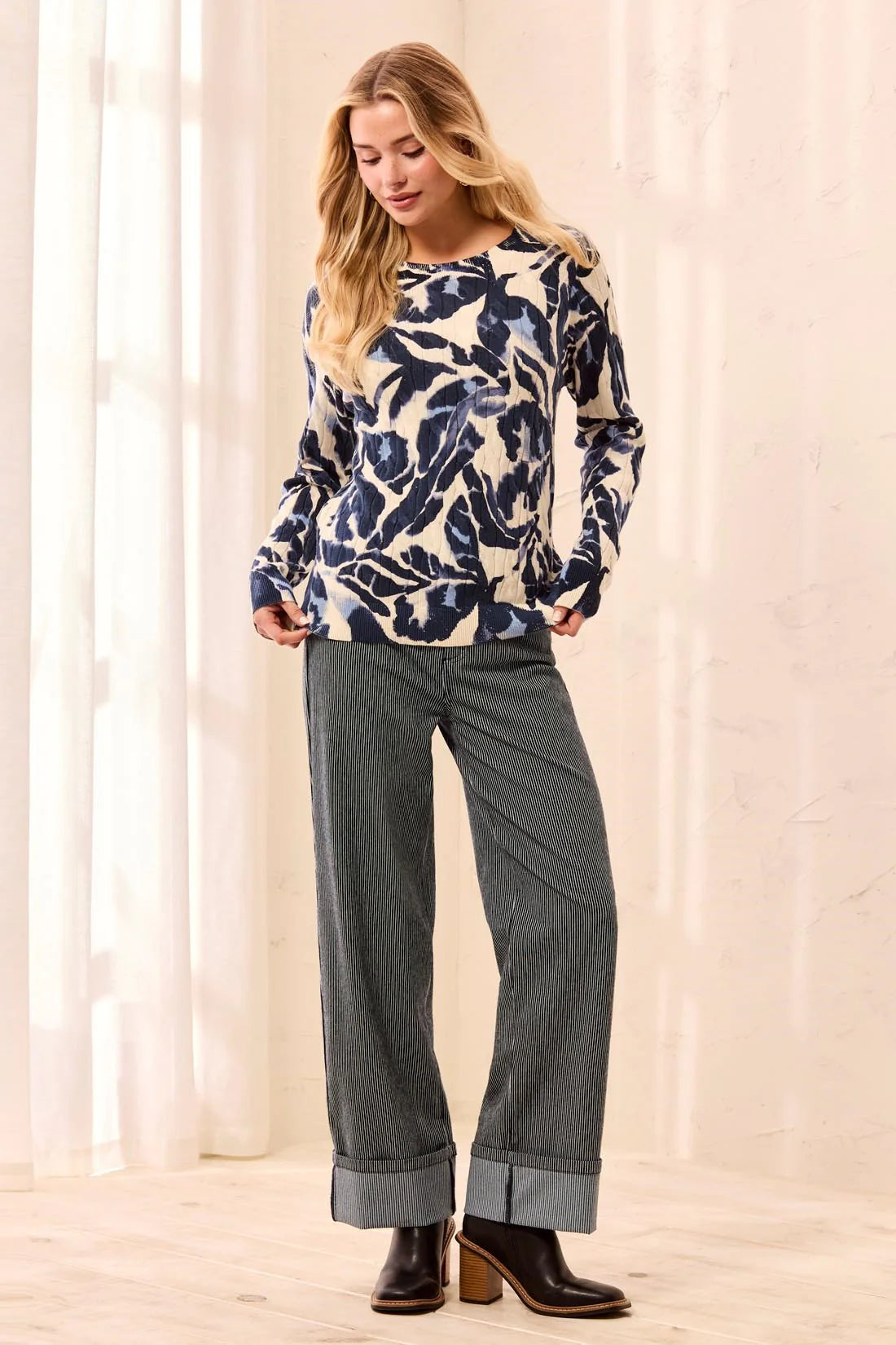 Long Sleeve Printed Cable Sweater