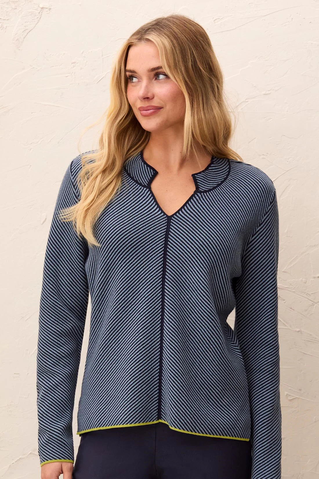 Diagonal Stripe Split Neck Sweater