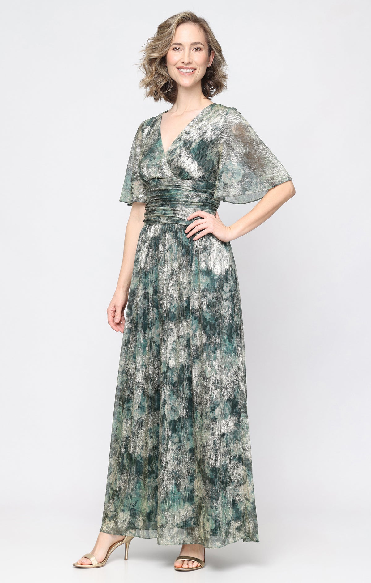 Ruched Waist Flutter Sleeve Dress