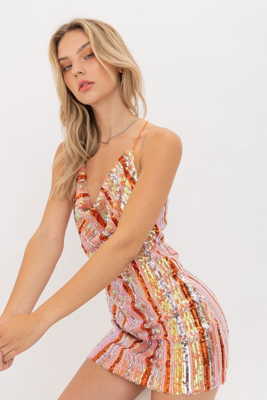 Cowl Neck Sequins Mini Dress